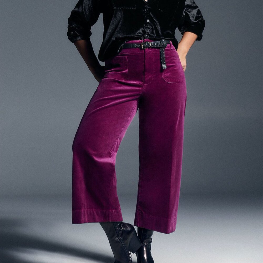 Anthropologie Magenta Velvet Wide Leg Trousers